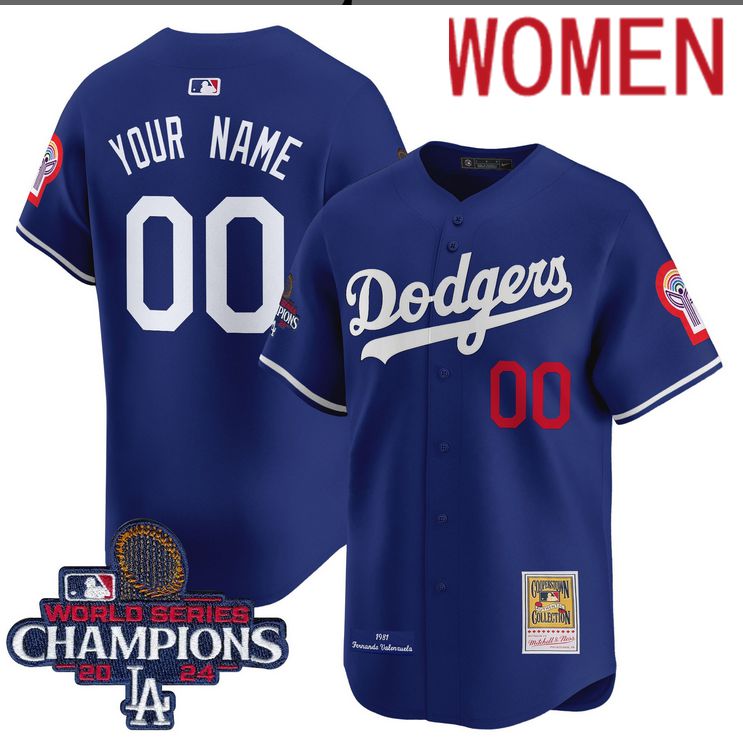 Women MLB Los Angeles Dodgers Custom blue 2024 World Series Champions Patch Cooperstown Jersey style 4->customized mlb jersey->Custom Jersey